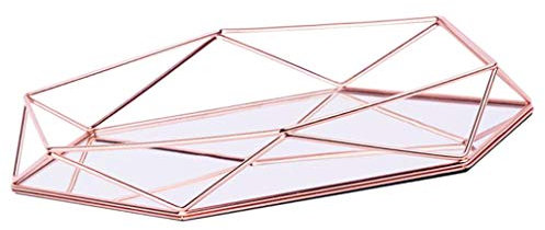 Plateau à bijoux en métal et verre - Boîte de rangement pour maquillage - Assiette à dessert - Or rose