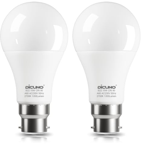 DiCUNO Ampoule LED B22 Baïonnette, 15W Équiv. 100W, 2700K, 1350lm, Lot de 2 | Blanc chaud, CRI 90, Non-dimmable, Faisceau 220°, Ampoules Mates A60 pour salon, chambre et cuisine