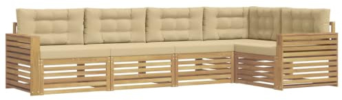 Mhdvray 5-Sitzer Outdoor Sofa Set aus Akazienholz, Modulare Gartenlounge mit Kissen, Große Eckcouch wetterbeständig lackiert für Terrasse und Garten, Weiß und Beige, 331 x 172,5 x 73 cm