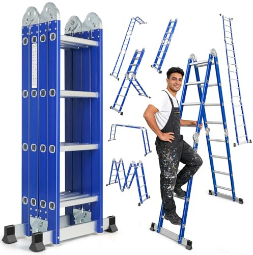 Chanjarhill Aluminium Mehrzweckleiter, Multifunktionsleiter 7-in-1 464CM | 4x4 Stufen, mit Plattform, Alu Klappbar Leiter, Haushaltsleiter Stehleiter Klappleiter Gelenkleiter