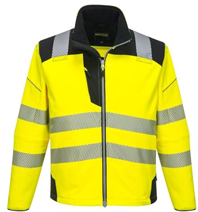 Portwest T402 Men's PW3 Hi Vis Safety Jacket - Windproof Water Resistant High Visibility Reflective Softshell Jacket Yellow/Black, 3X-Large