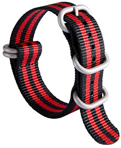 BINLUN Uhrenarmband Nylon Dickes G10 Premium Ballistic Ersatz Armband Mehrfarbige Bänder für Herren Damen mit Heavy Duty 5 Ringe(18mm, Schwarz-Rotes Band Silber Schnalle)