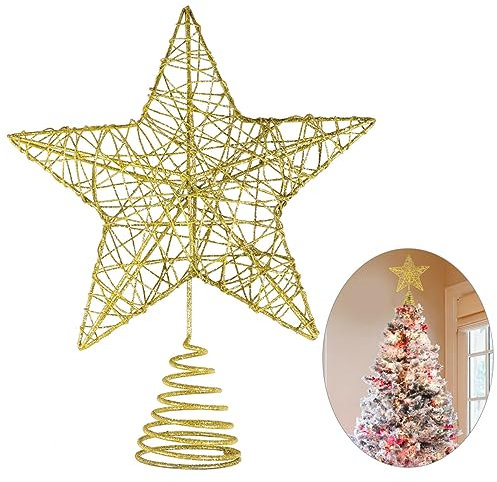 Unomor Weihnachtsstern Baumspitze - Gold Glitzer Metall Heiligtümer Design 10 Zoll Baumspitze Stern für 1,8m bis 2,1m Weihnachtsbaum
