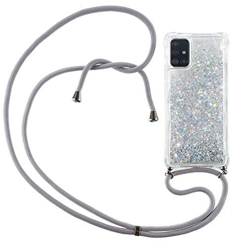 Handykette Handyhülle für Samsung Galaxy A51 4G, CaseLover Glitzer Flüssig Bewegende Treibsand Transparent Silikon Case mit Kordel zum Umhängen Necklace Phone Hülle mit Band für Samsung A51 4G, Argent