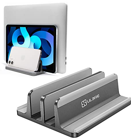 ULBRE Vertikaler Laptop-Ständer, doppelt verstellbar, 4 Fächer, vertikaler MacBook-Ständer, Laptop-Halter, kompatibel mit Allen MacBooks, Surface, Chromebook bis zu 17.5 Zoll, Grau