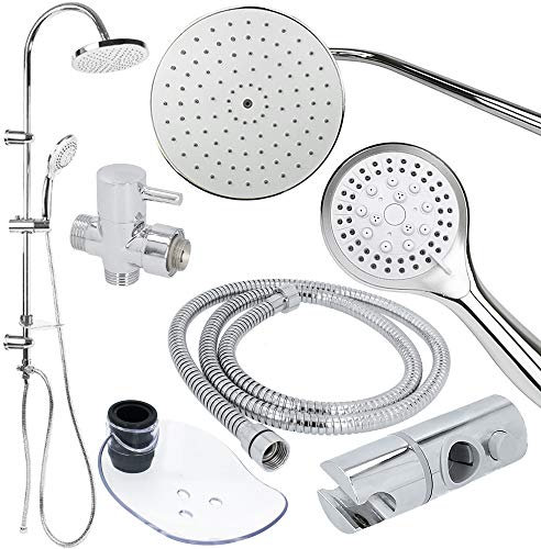 HYDROLAND Duschsystem ohne Armatur Duschset 10 Teilig | Duschstange Halterung Regendusche 20cm Handbrause 5 Funktionen | Duschbrause Duschschlauch Brauseschlauch | Kalkfilter Armatur Bad Wassersparend