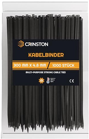 CRINSTON - 1000 Kabelbinder 300 x 4,8 mm - UV-Beständig - Mindestzugfestigkeit 22,4 kg - Schwarz