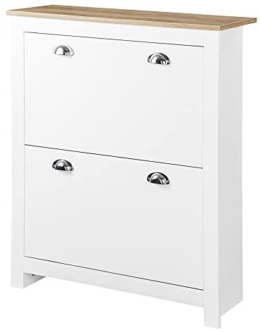 HOMCOM Armoire à Chaussures, 2 Portes abattantes, 2 Compartiments, poignées coquilles métal, Blanc chêne