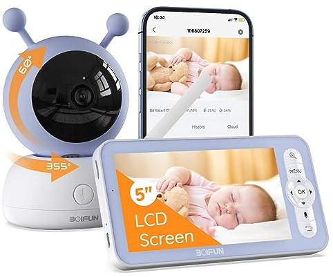 BOIFUN 1080P 5 Camara Vigilancia Bebe, 355°PTZ Vigilabebes con Camara, Monitoreo de Movimiento, 3 Modos de Detección Inteligente, Control de Monitor y Movil, VOX