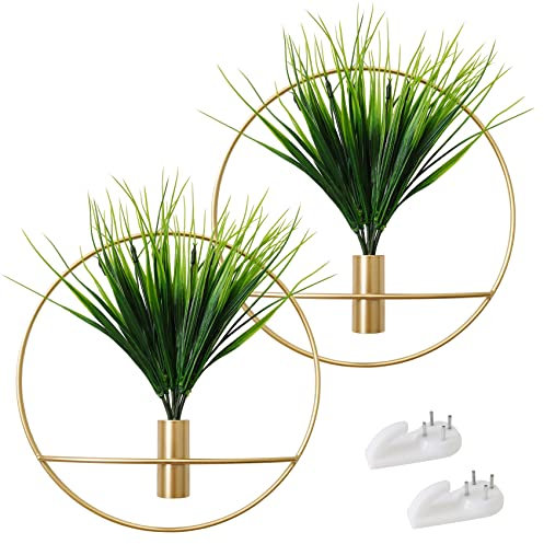 SAJANDAS Set mit 2 Künstlichen Pflanzen mit Rundem Goldenem Metall-Hängerahmen für Wanddekoration, an der Wand Montierte Kunstpflanzen mit Metallreifen für Moderne Heimdekoration Gold Wanddeko