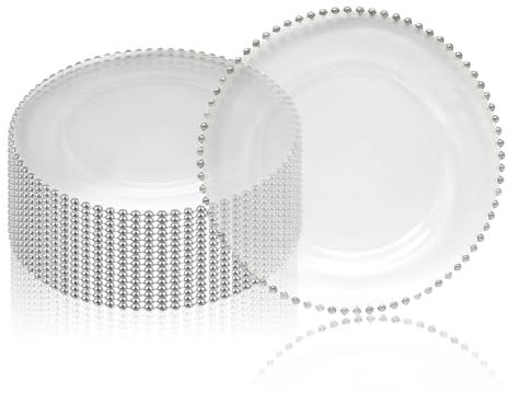 Trimming Shop Glass Charger Plate with Silver Beads Rim – Elegant Decorative Plates for Dinner Table Decoration, Weddings, Parties, and Event Décor, 33cm, Clear, Pack of 12
