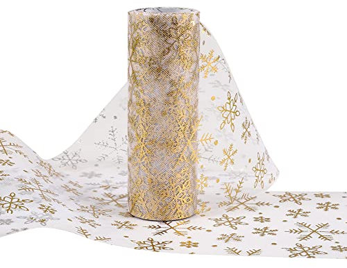 Tischläufer Schneeflocke Gold und Silber für Hochzeit, Party, Weihnachten Deko - Rolle, Tischband (Goldene Schneeflocken, 15 x 900 cm)