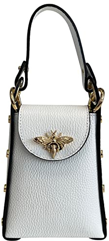 Modarno Mini-Tasche aus echtem Leder Dollar mit Karabinerverschluss in Bienenform, seitliche Nieten, abnehmbare Metallkette, Ledergriff