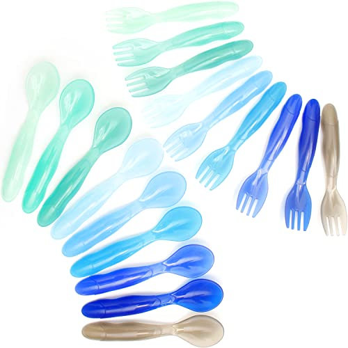 Youngever 18 utensilios de plástico para niños pequeños, tenedores de plástico para niños, cucharas para niños, tamaño grande, juego de 9 en 9 colores costeros