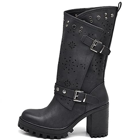 IF FASHION Stivaletti Tronchetti Da Donna Con Tacco Grosso Plateau Borchie Pelle Sintetica G669 nero N.38
