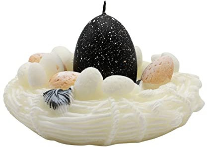Dekohelden24 Osternestkerze, Kerze in Osternest aus Wachs, Eikerze schwarz, Nest in weiß, Geschenkverpackung mit gelber Schleife, 13 x 7 cm