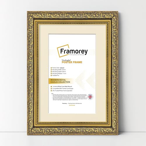 FRAMOREY Dahlia Ornate Effect Picture Frames, 60x80CM Size Gold Photo Frame With 50x70CM Size Ivory Mount, Traditional Wall Art Poster Frames, Photo Print Frame