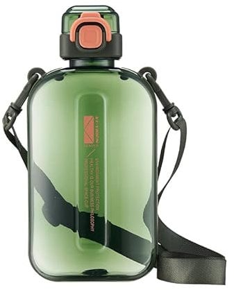 Bouteille d'Eau Plate de 750 ml, Bouteille d'Eau de Sport pour l'Extérieur avec Bouchon à Ouverture en un Clic, Bouteille de Voyage avec Marqueur de Temps et Sangle pour Sport et Fitness (Vert)