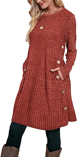 Aokosor Women's Long Sleeve Tunic Dress with Pockets and Side Buttons - Caramel, Size 10-12