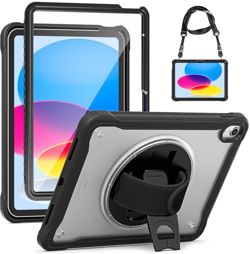 Gerutek Hülle für iPad 10. Generation 10,9 Zoll 2022 mit Displayschutzfolie, Robuste Stoßfeste Schutzhülle mit Klarer Rückseite Drehbar Stände Handschlaufe Schultergurt für iPad 10.Gen 10,9,Schwarz