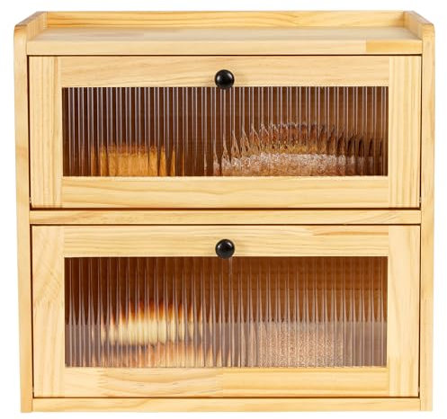 Sunhoo Bread Box for Kitchen Countertop Wooden Bread Storage Container Bin 2 Layer Breadbox Holder Large Capacity Keeper Vintage Farmhouse Food Organizer Pantry Shelf Acrylic Window（Wood color）