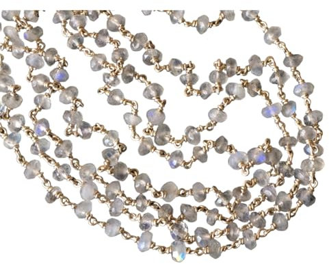 Gems For Jewels 3 mm Regenbogen-Mondstein-Rosenkranz mit facettierten Perlen, 925er-Silberdraht umwickelte Rosenkranz-Stilkette, Mondstein-Perlenkette (1 Fuß bis 5 Fuß Optionen), Silber, 1 Fuß