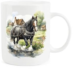 Purely Home Shire Horse Farm Mug - Painted Watercolour River Walk Scene Gift Present - Tea Coffee White Bone China Mug