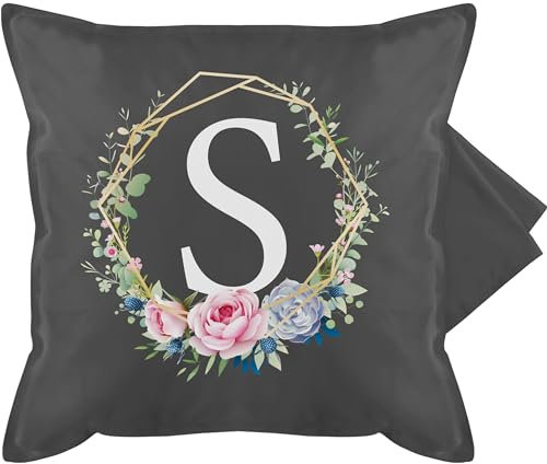 Kissenbezug - Geschenk Initialen - Kissen - Blumenkranz mit Buchstabe S - 50 x 50 cm - Grau - für mädchen buchstaben buchstaben-kissen anfangsbuchstabe anfangsbuchstaben und blumen kissenbezüge