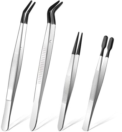 Ainiv 4PCS Pinzas de Precisión, Recta+Curva+Planas+Largas Pinzas Depilar Antideslizante, Silicona Tweezers Puntiagudas, Pinzas Cejas Profesional para Joyería, Fabricación de Cuentas de Cristales