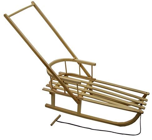 BAMBINIWELT Holzschlitten Rodel Kinder Schlitten 90cm mit Zugseil Rückenlehne + Schiebestange