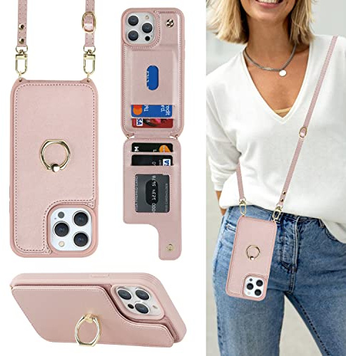 Cavor Phone Case compatible with iPhone 14 Pro Max With Card Holder With Lanyard Strap,Flip Leather Wallet Case,Ring Kickstand Shockproof Cover Case compatible with iPhone 14 Pro Max - Rose gold