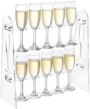 Vessena 2 Tier Acrylic Champagne Wall Holder for Party Champagne Flute Glass Stand Tabletop Stemware Hanging Display Rack Wine Glass Rack Standing Drink Tower Shelf (Clear & Holographic, 10 Slots)
