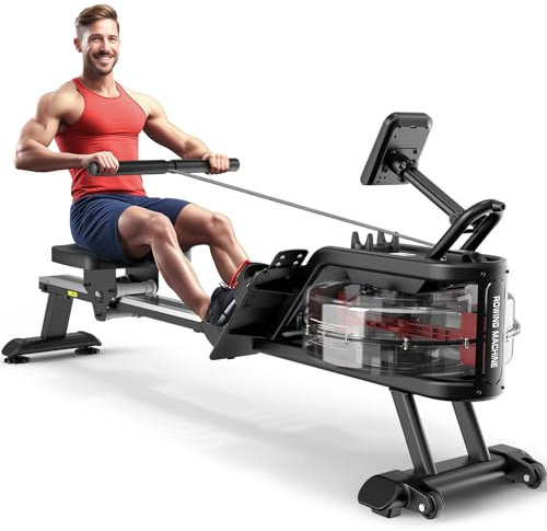 YAMO Rudergerät für zuhause, Wasserrudergerät mit LCD Dispaly, Wasserwiderstand Rudermaschine mit 158kg Gewichtskapazität,14L Wassertank Rowing Machine mit 44 Tage Kinomap APP, Rot - PW30