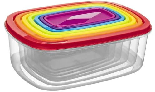 BH | 7 in 1 Rectangle Food Storage Containers | BPA Free | Set of 7 PCS | with Rainbow Lids | Space Saving Nesting Design | Bowls | Microwave Freezer & Dishwasher Safe - by Best House