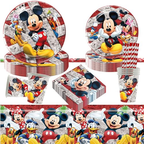 51 Stück Partygeschirr Set,Partygeschirr Geburtstag,Kindergeburtstag Geschirr Set,Kindergeburtstag Deko,Mit Teller Becher Servietten Tischdecke Strohhalme,Party Geschirr für 10 Gäste