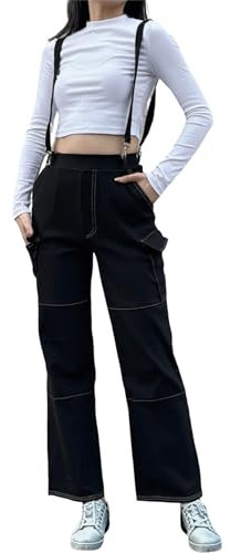 Nuofengkudu Petite Damen Cargo Hose Gerades Bein Cropped Cargohose Kontrastnaht Hosenträger Teenager Mädchen 4 Taschen Gummibund Gothic Mode Schlupfhose Sportlich Freizeithose Jogging Schwarz M