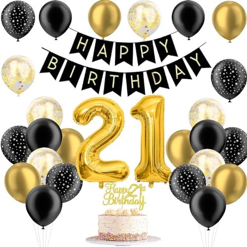 JJJZAMZ 21. Geburtstag Deko für Junge und Mädchen - Luftballons Schwarz Gold, Zahlen Luftballon, Party Ballons, Tortendeko für Dekoration