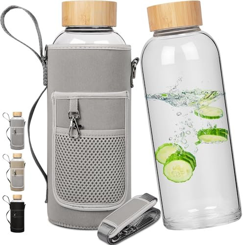 Ferexer 1.5 Litre Large Borosilicate Glass Water Bottle with Bamboo Lid with Neoprene Sleeve 1500 ml / 1.5 L