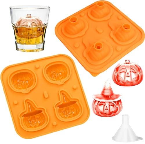 Halloween Pumpkin Ice Cube Mold 3D Ghost Ice Mold Cute Pumpkin Ice Cube Tray with 1 Funnel, Cocktail Ice Maker for Whiskey, Beer, Fruit Juice Halloween Chocolate Jello Candy Mold