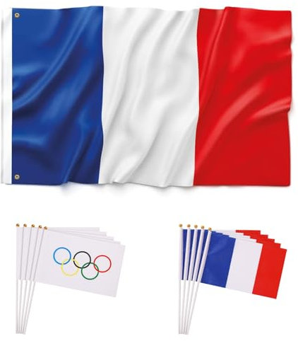 BENTOBEN - Kit de bandera de Francia pequeña bandera olímpica*5+pequeña bandera francesa*5+gran bandera francesa*1 bandera de los juegos olímpicos tricolor Copa de Europa Fiestas Desfiles Partidos