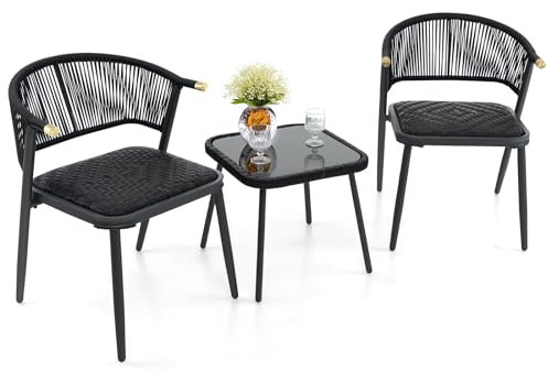 COSTWAY 3 PCS Rattan Furniture Set, String Patio Bistro Set with 2 Chairs and Glass Coffee Table, Outdoor Wicker Dining Set Conversation Table Chairs for Backyard, Porch & Poolside