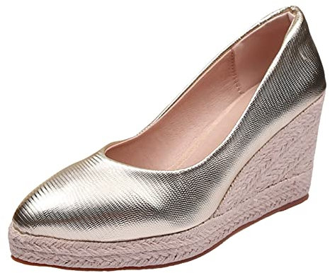 Scarpe alla moda con suola in corda di paglia autunno nuovo zeppa punta espadrillas suola spessa tacco alto slip on scarpe donna sandali con tacco da donna sexy, Oro, 38 EU