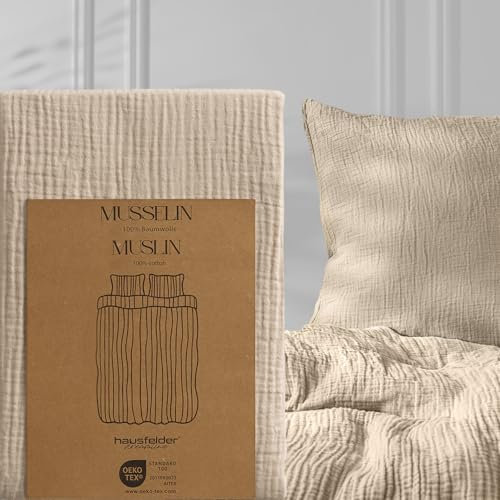 Hausfelder Musselin Kissenbezug 40x80 cm Beige, Kopfkissenbezug 40 x 80 cm aus atmungsaktiver Baumwolle, Oeko-TEX zertifizierte Kissenhülle 40x80cm, superweiches Kopfkissen