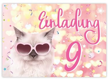 JuNa-Experten 12 Einladungskarten zum 9. Kindergeburtstag Mädchen Katze Tiere coole Einladungen neunte Geburtstag Mädchengeburtstag