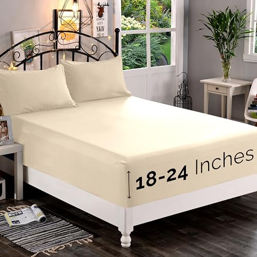 Elegant Comfort 1500 Premium Quality Fitted Sheet Ultra Soft 18-24 Inch Extra Deep Pocket - Single Fitted Sheet for High Mattress - Wrinkle Free with Smart Storage Pockets, Twin/Twin XL, Cream