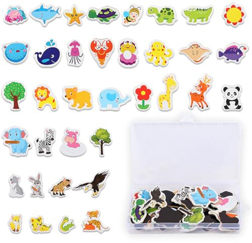 36PCS Wooden Animal Magnets - Cartoon Magnetic Animal Fridge Magnets & Wall Stickers - Educational Learning Toys for Magnetic Whiteboards, Photos & Office Refrigerator