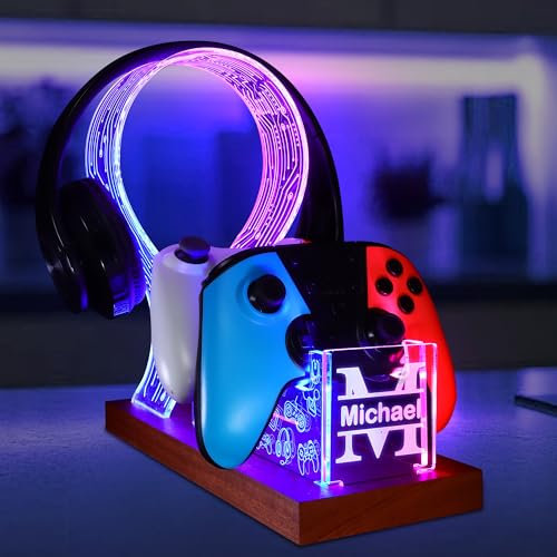 YuanDian Gamer-Geschenke für Teenager, Headset- und Controller-Ständer mit blau-rosa LED-Nachtlicht, hölzerner Controller-Halter aus Acryl mit PCB-Muster