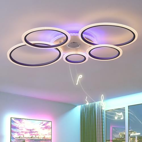 QINGYING 5 Ring Light Fittings Ceilings with Remote APP, 100cm RGB Dimmable Ceiling Lights,Modern Ceiling Lamp with Bluetooth Speaker and Timer for Bedroom Living Room Kitchen Office-Black