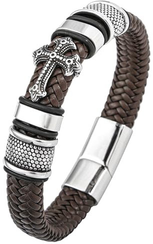 Mochity Armbänder Herren Lederarmband, Armband Herren Leder, Edelstahl Kreuz Armband Männer, Wikinger Schmuck, Lederarmband Geschenke Für Männer (B1)