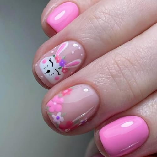 Easter Press On Nails Short Square False Nails With Rabbits Designs Spring Full Covers Glossy Acrylic Nails For Women